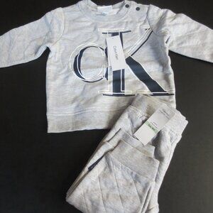CALVIN KLEIN INFANTS UNISEX SWEATPANT SET - LIGHT GRAY/NAVY - 18 MONTHS